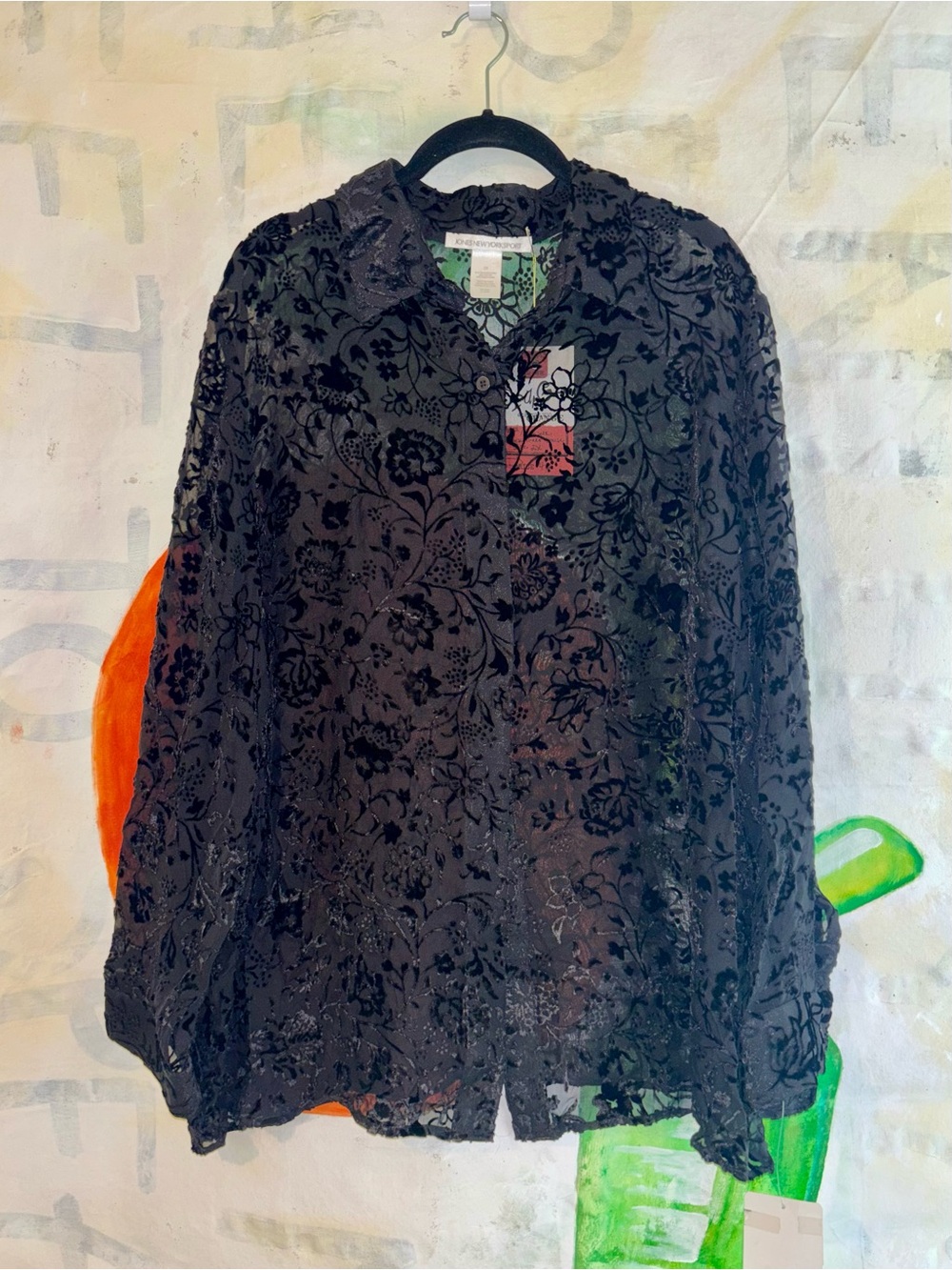 Jones New York 90s Deadstock Silk Black Sheer Floral Button-Up Blouse